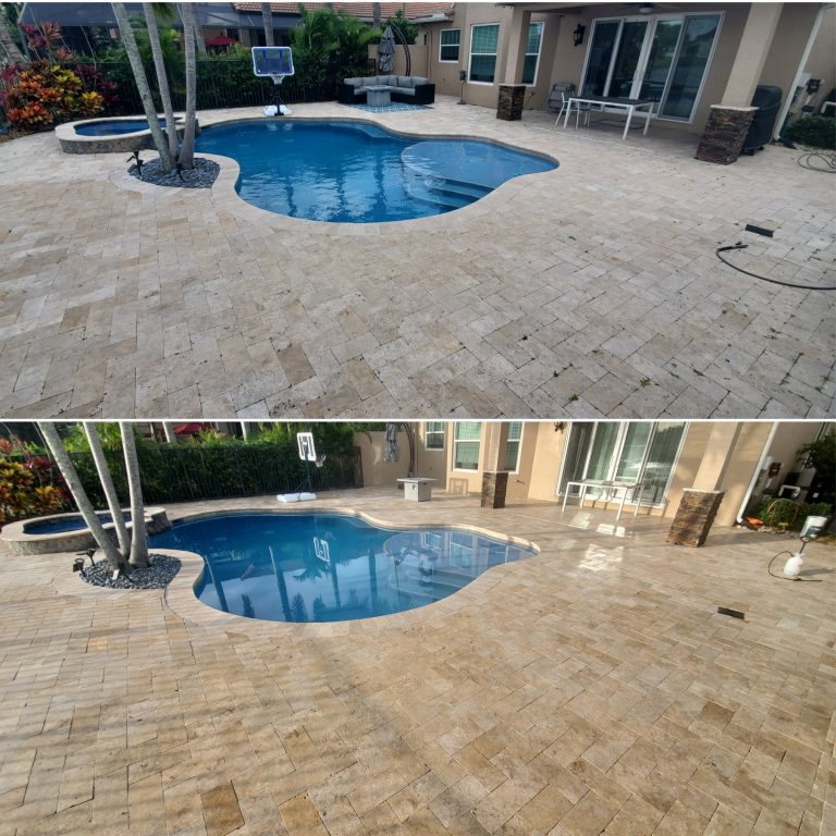 A before and after results of a house pool deck cleaning located in Lake Worth.