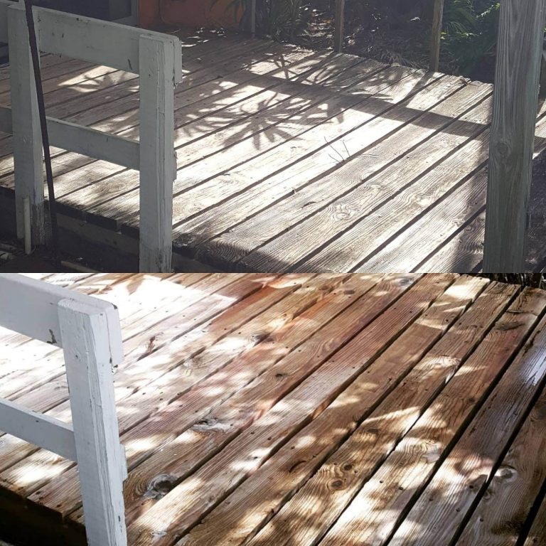 A before and after wooden deck cleaning located in Lake Worth